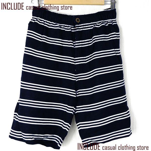 麻レーヨン ボーダーショーツ 半パン ショートパンツ/ネイビー 木ボタン ジップ