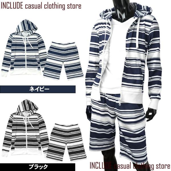 セットアップ 上下セット ボーダー ジップパーカー ショートパンツ 白 ネイビー ブラック M L ...