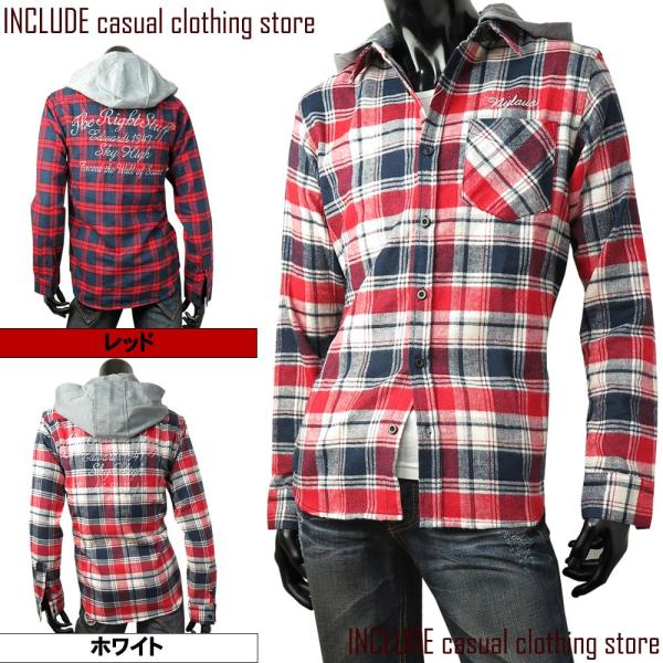 ネルシャツ チェックシャツ カジュアルシャツ 刺繍ロゴ アメカジ フード パーカー 長袖シャツ メン...