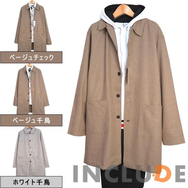 チェック 千鳥柄 薄手 綿 麻 リネン コート ステンカラーコート メンズコート ショップコート シ...