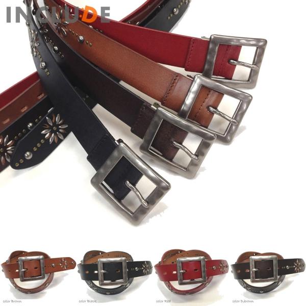 ベルト 本皮 牛革 帯切 サイズ調節可能 花柄 パンチングスタッズ 牛革ベルト ギャリソンバックル ...