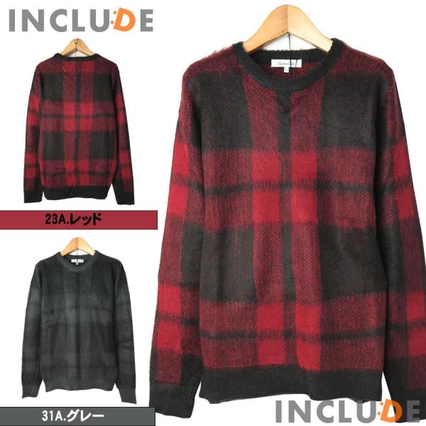 ふんわり起毛 チェック ジャカード クルーネック セーター ベーシック ニット ソフトな軽さ