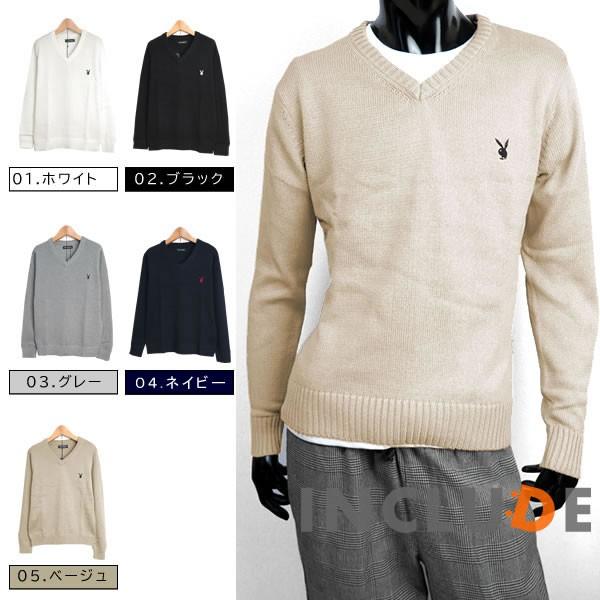 ５カラー ワンポイント PLAYBOY Vネック ニット カレッジスタイル スクールセーター メンズ...