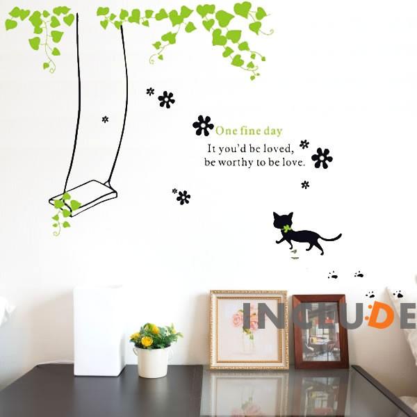 ウォールステッカー 木 猫 キャット ブランコ リーフ モダン 新緑 癒し 玄関 壁シール ウォール...