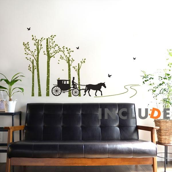 ウォールステッカー 馬車 英国 針葉樹 壁シール ウォールシール 北欧 カフェ CAFE リビング