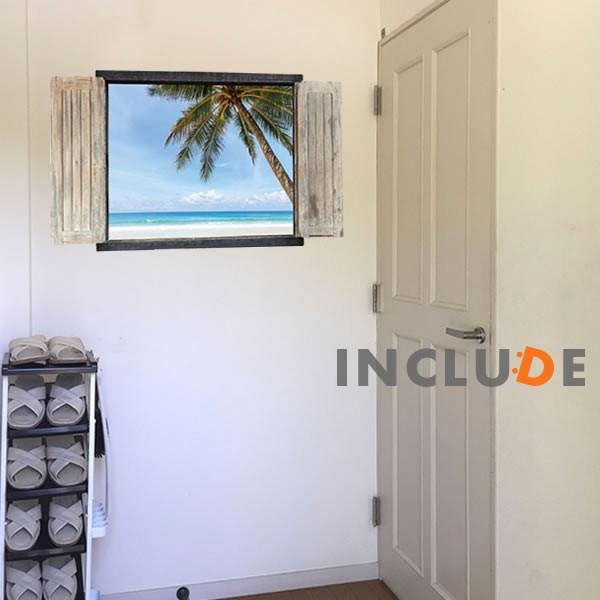 ウォールステッカー 3D 窓 椰子 ヤシ 立体 ウッド 海岸 砂浜 ビーチ 南国 プライベート 壁シ...