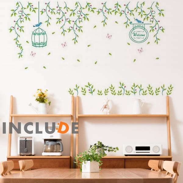 ウォールステッカー 鳥 鳥かご 鳥篭 しだれ 植物 緑 花 リゾート 陽気 アイビー グリーン イン...