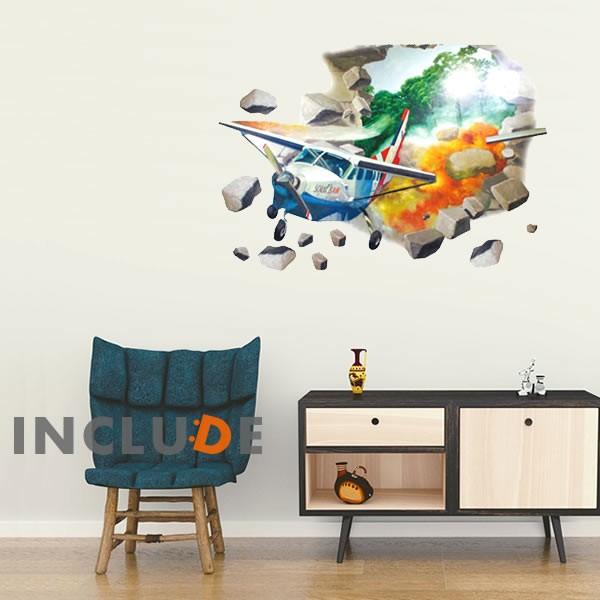 ウォールステッカー 壁 3D だまし絵 トリックアート 破壊 ストック セスナ 爆破 爆発 危険 突...