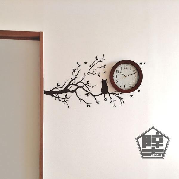 壁ステッカー ウォールステッカー 猫 ネコ 木 枝 ツリー 小鳥 白黒 モノクロ モノトーン 北欧 ...