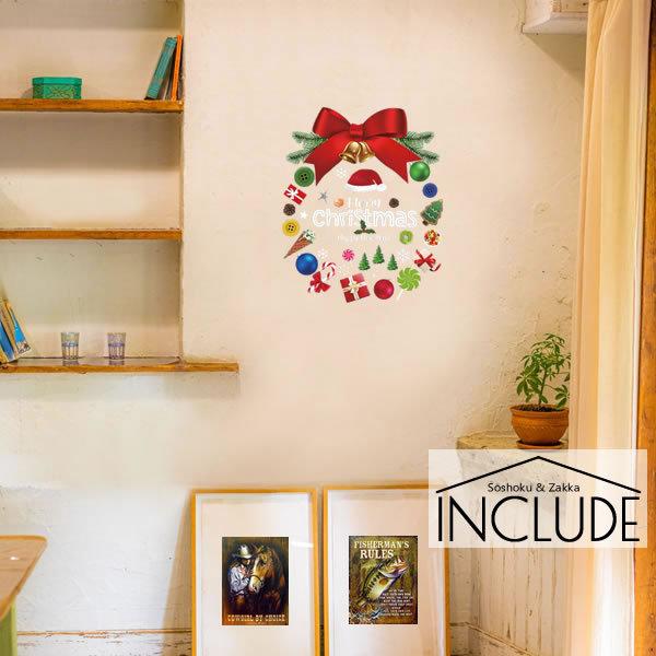 ウォールステッカー クリスマスリース 大きなリボン キャンディー ボタン オーナメント アイスクリー...