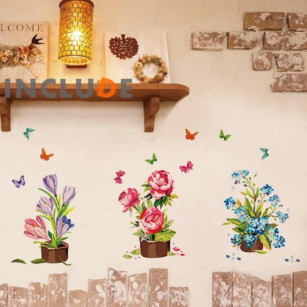 ウォールステッカー 薔薇 バラ 赤い花 青い花 プランツ 花壇 花瓶 楽しい 部屋が明るくなる 華や...