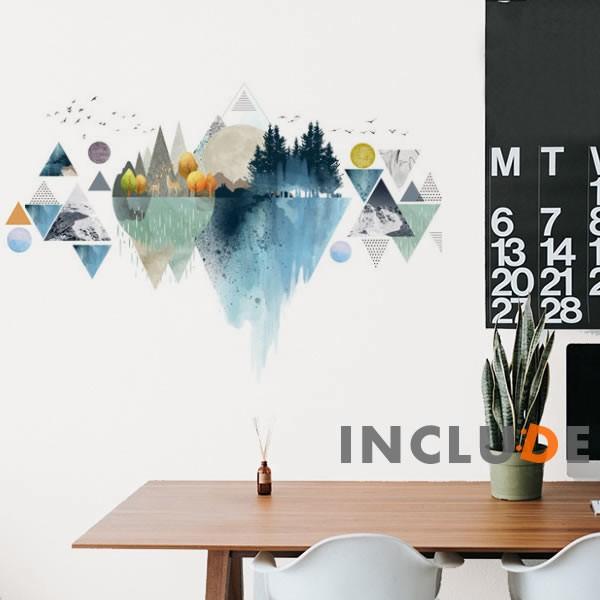 ウォールステッカー ファンタジー シルエット 幻想的な絶景 空想 山 森 林 三角 シカ 神秘 水面...