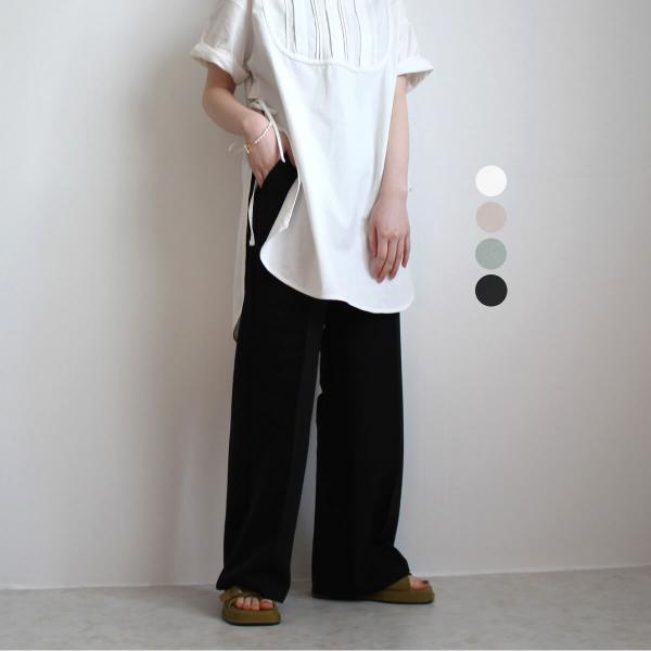 落ち感のあるストレートシルエット ハイウエストデザイン ワイドロングパンツ