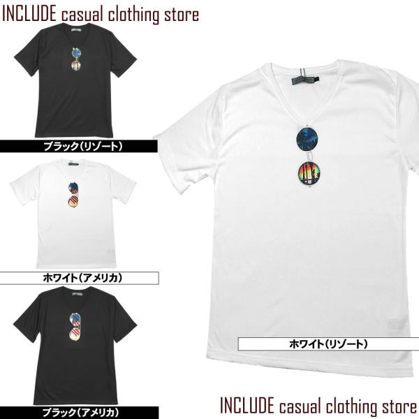 送料無料 半袖T Vネック サングラス メガネ プリント ロール袖 トレンド リゾート メンズ 春 ...