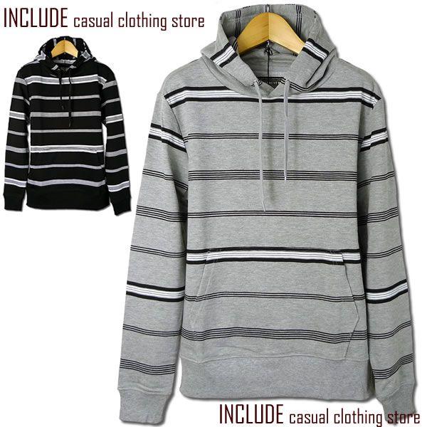 裏毛 ボーダー プルパーカー メンズ カジュアル パーカー フード グレー ブラック