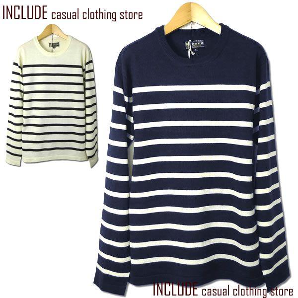 ボーダー クルーネック ニットソー ニット セーター メンズ 定番 人気 セレブ　アイボリーｘブラッ...