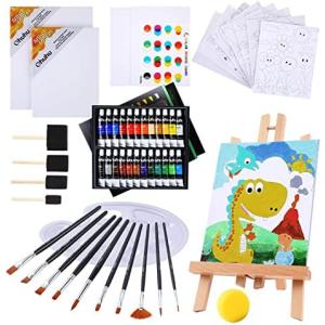 アクリル絵の具セット 24色+張りキャンバス+ペイントブラシ+木製イーゼルなど