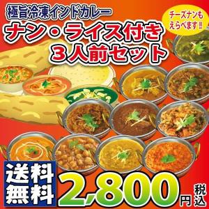 特価　セール　送料無料　冷凍インドカレー　カレー10種から３種＋ナン又はターメリックライス３人前　セット　チーズナンもえらべます！!