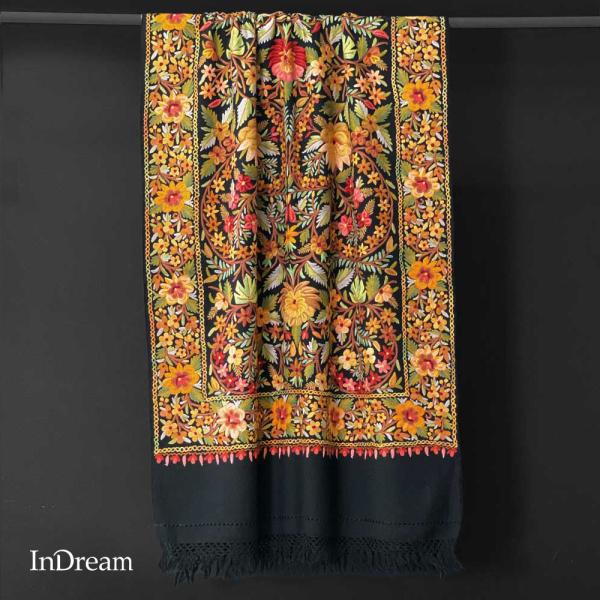 InDream アーリ刺繍ストール 黒 フラワー 大判 おしゃれ 着物ショール  クリスマス ギフト...