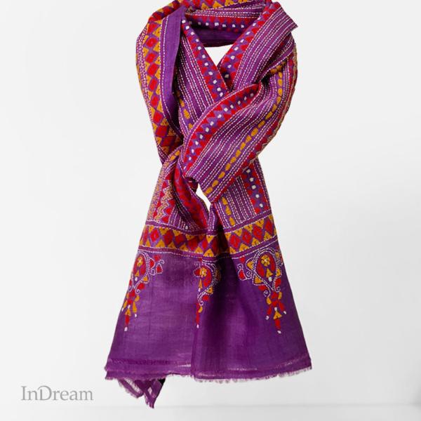 InDream カンタ 刺繍 ストール 約50×190cm パープル スカーフ シルク 刺し子 イン...
