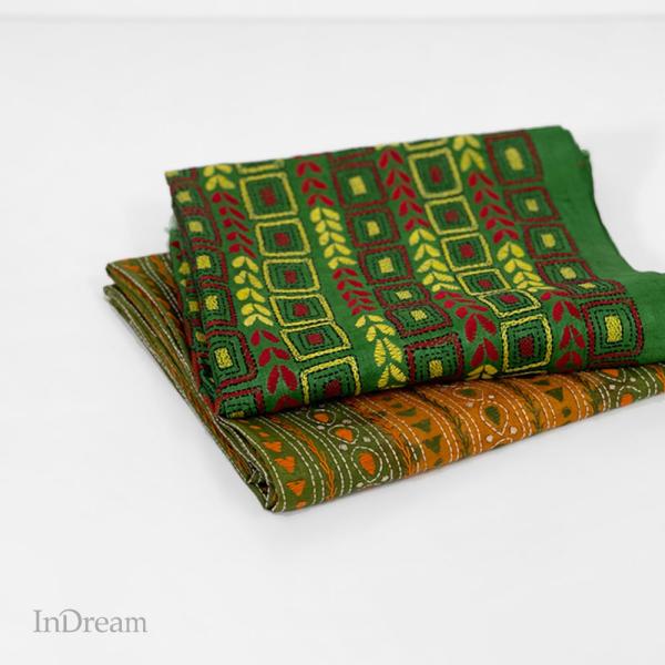 InDream カンタ 刺繍 ストール 50×190cm グリーン スカーフ シルク 刺し子 インテ...