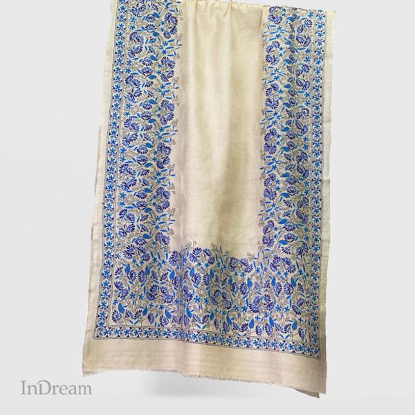 InDream カンタ 刺繍 ストール 約90×255cm ブルー ナチュラル スカーフ シルク 刺...
