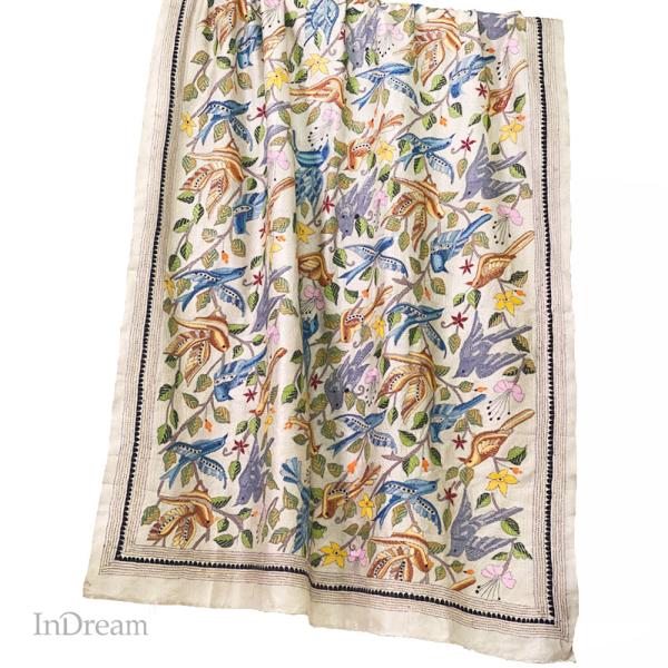 InDream カンタ 刺繍 ストール 約108×235cm ホワイト スカーフ シルク 刺し子 イ...