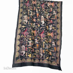 InDream カンタ 刺繍 ストール 約110×260cm ブラック スカーフ シルク 刺し子 インテリア 冷房対策 ギフト 誕生日 プレゼント 女性 60代 70代