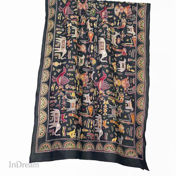 InDream カンタ 刺繍 ストール 約110×260cm ブラック スカーフ シルク 刺し子 イ...