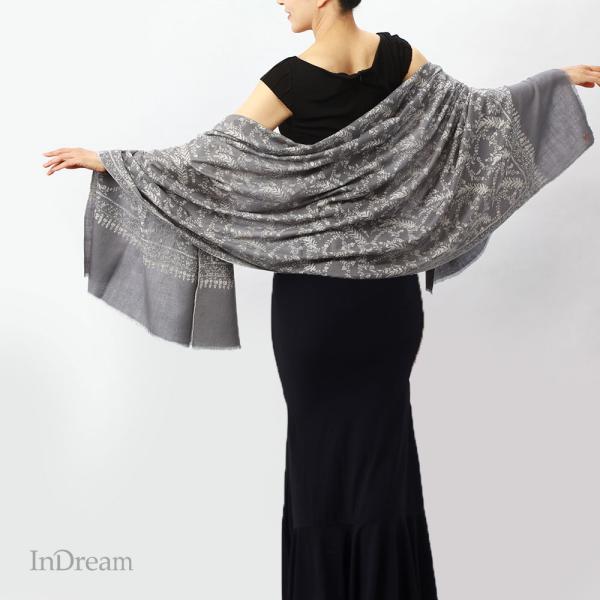 InDream ソズニ刺繍ストール パシュミナ 100cm巾 グレー(シルバー)01 カシミヤ 着物...