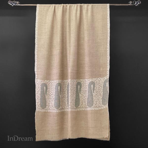 InDream ソズニ刺繍ストール パシュミナ 70cm巾 ベージュ ペイズリー カシミヤ 着物ショ...