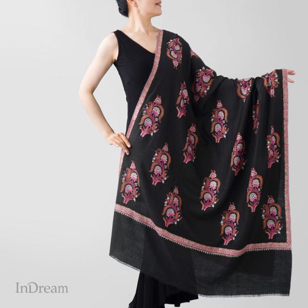 InDream ソズニ刺繍ストール パシュミナ 100cm巾 黒(ブラック) カシミヤ カシミール ...