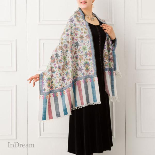 手織りパシュミナショール(カニジャマワール) 白地総柄 カシミヤ100% 着物ショール 結婚式  ク...