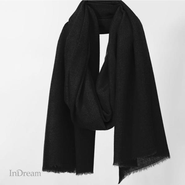 InDream スーパーファインウール ストール マフラー 黒 ブラック 大判 薄手 ウール 100...