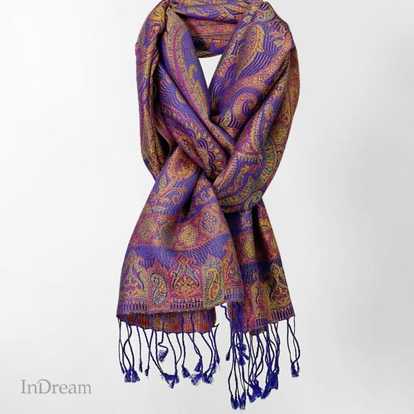 InDream ペイズリー柄 シルク ストール 小判 36cmx170cm スカーフ ブルー パープ...