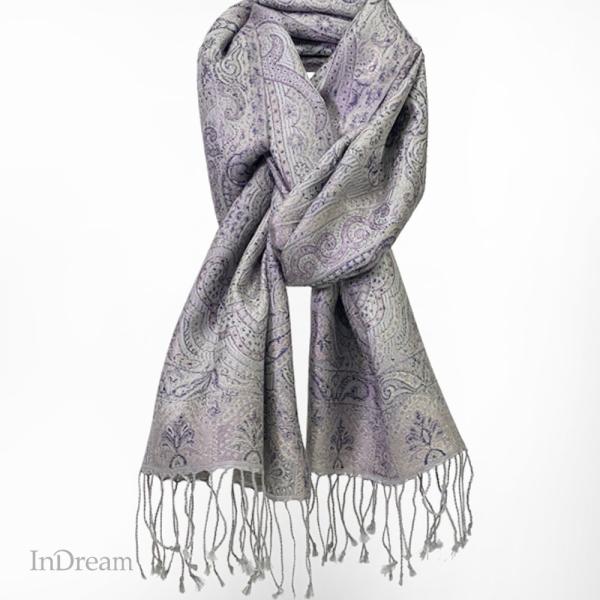 InDream ペイズリー柄 シルク ストール 小判 36cmx170cm スカーフ グレー パープ...