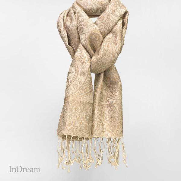 InDream ペイズリー柄 シルク ストール 小判 36cmx170cm スカーフ ベージュ マフ...