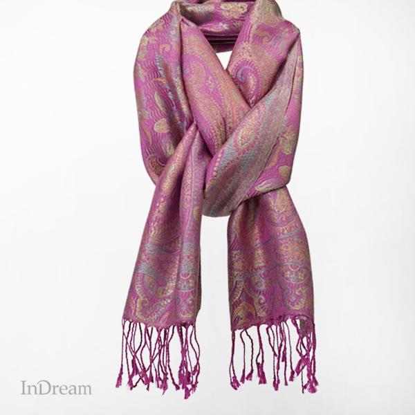 InDream ペイズリー柄 シルク ストール 小判 36cmx170cm スカーフ パープル ピン...