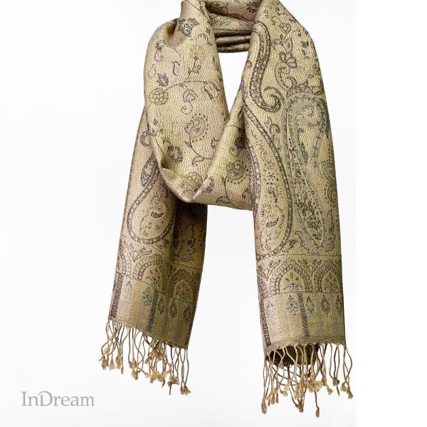 InDream ペイズリー柄 シルク ストール 中判 55cmx180cm スカーフ   ベージュ ...