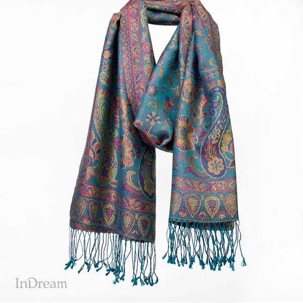 InDream ペイズリー柄 シルク ストール 中判 55cmx180cm スカーフ 大判 グリーン...