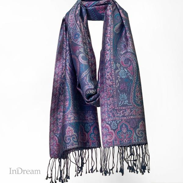 InDream ペイズリー柄 シルク ストール 中判 55cmx180cm スカーフ パープル 古希...