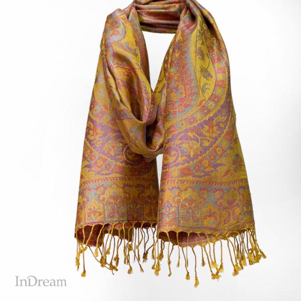 InDream ペイズリー柄 シルク ストール 中判 55cmx180cm スカーフ   黄色 イエ...