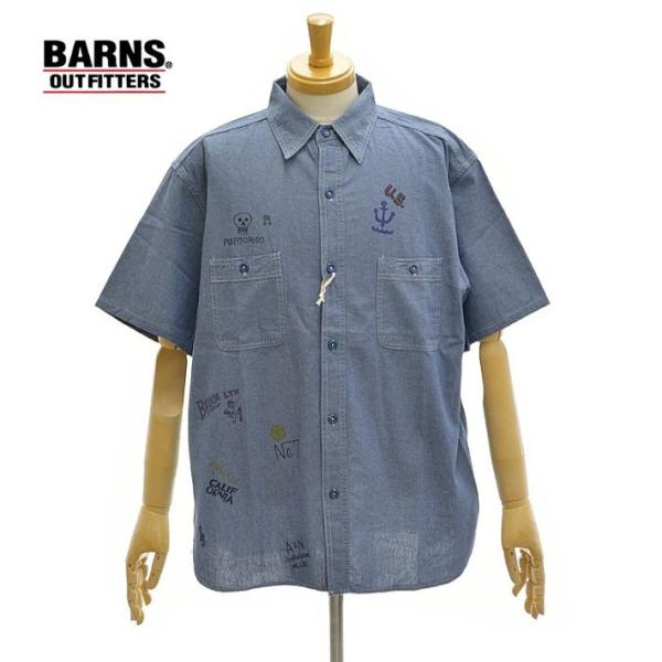 バーンズ BR-26211 シャンブレー プリントシャツ 半袖 メンズ BARNS OUT FITT...