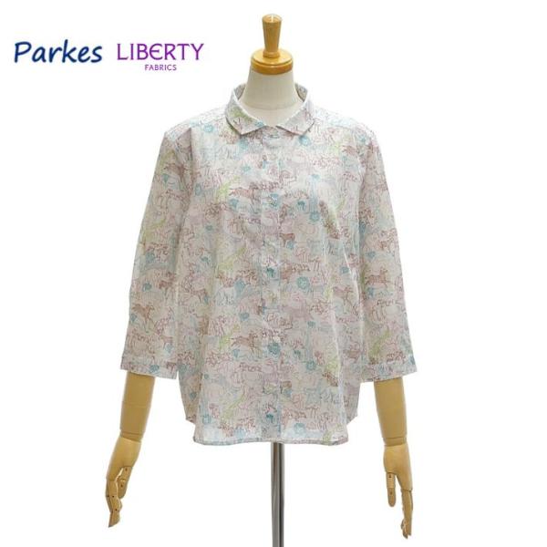 パークス PH2521030 リバティ フラット風ワイドカラーレギュラー 7分袖 シャツ レディース...