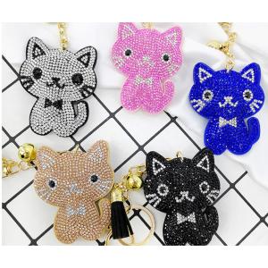 キーホルダー ねこ デザイン 鈴付き レディース バッグ チャーム キーチェーン キーリング クリスタル &amp; スウェード風 レザー 手作り かわいい