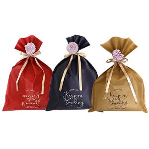 ラッピング 袋 ギフト プレゼント用袋 フラワー付き 不織布 おしゃれ 巾着袋 リボン付き 35*50cm 3枚セット 簡単