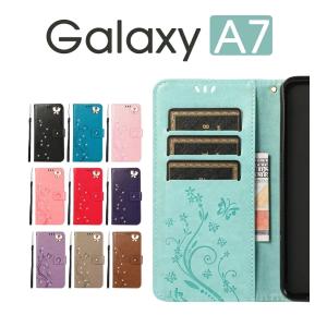 Galaxy A7ケース 蝶柄 キラキラ Galaxy A7ケース 手帳型 マグネットベルト式 Galaxy A7手帳型ケース カード収納 おしゃれ ギャラクシー A7カバー 手帳 花柄｜initial-k