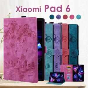 Xiaomi Pad 6 ケース カバー 花と猫柄 桜柄 手帳型 おしゃれXiaomi Pad 6 カバー 可愛い 花柄 ねこ さくら サクラ シャオミ Pad 6 タブレットケース カバー｜initial-k