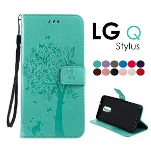 LG Q Stylus専用ケース LG Q Stylusケース  蝶柄 猫 木 可愛い LG Q Stylus手帳型ケース スタンド機能 LG Q Stylusカバー 手帳 ストラップ付き Stylusケース