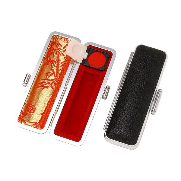 ご印鑑ケース・丸寸胴用・もみ革ケース(外装ブラック・内張：朱竹)・印鑑長さ約60mm・直径13.5m...